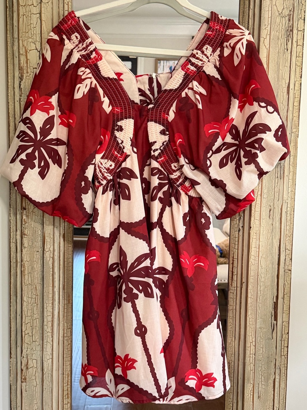 Red Tropical Print Mini Dress - Flowy Short Sleeve